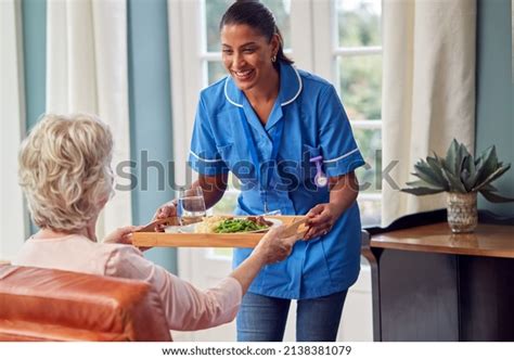 Female Care Worker Uniform Bringing Meal Stock Photo 2138381079 ...