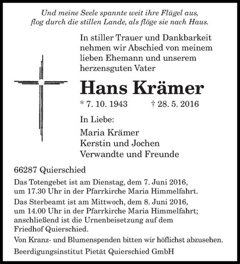 Traueranzeigen Von Hans Kr Mer Saarbruecker Zeitung Trauer De