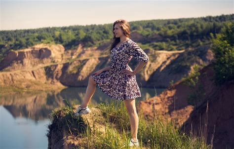 Wallpaper Dress Trees Nature Lake Model Women Brunette Sneakers