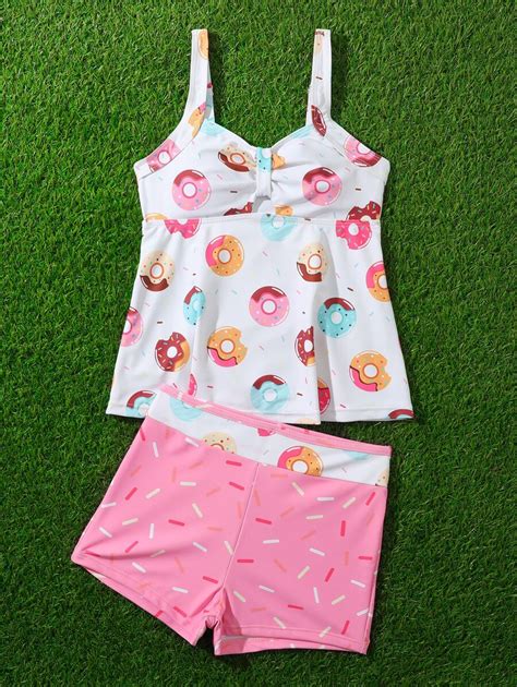 Maiô Bikini de Alça Franzido na Frente e Estampa Aleatória de Donut para Meninas Pré