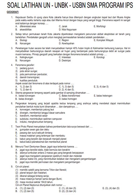 Soal Dan Jawaban Latihan Un Unbk Usbn Geografi Sma Program Ips