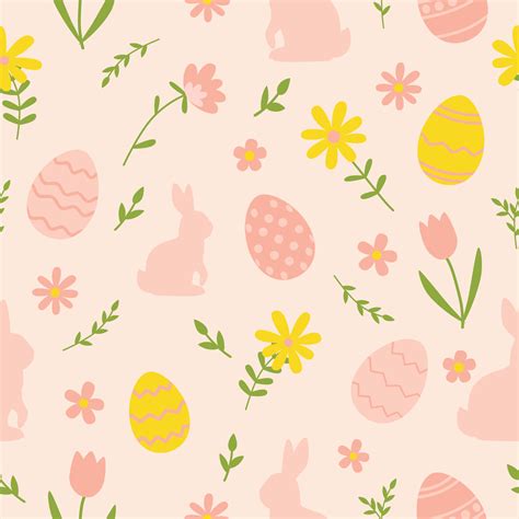 Easter Seamless Pattern With Bunny Eggs And Flowers Vector