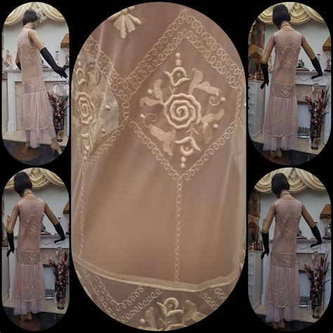S Nude Embroidered Flapper Dress Drop Waist Mesh Etsy