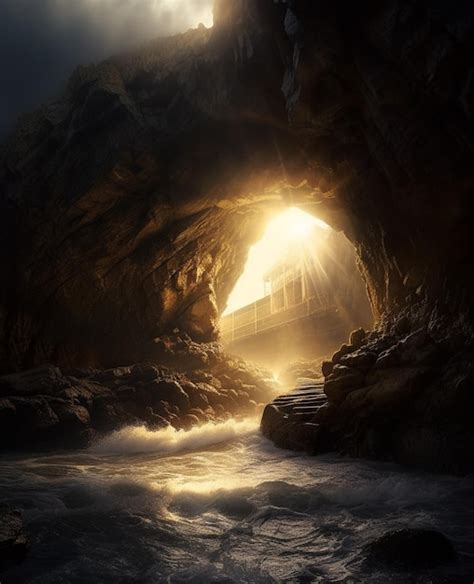 Premium AI Image | A cave with a light at the bottom