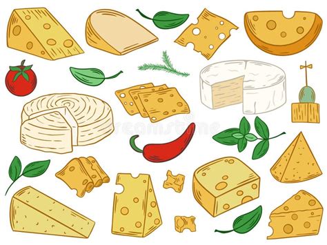 Cheese Of Different Shapes And Varieties Hand Drawn Color Set Stock