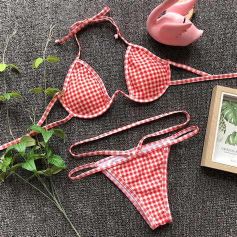 Gingham Print Halter Cut Out Bikini Sets On Luulla