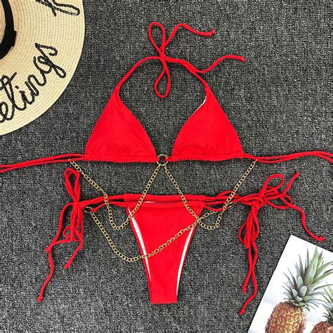 Sexy Chain Bikini Set Triangle Push Up Bathing Suit Solid Red