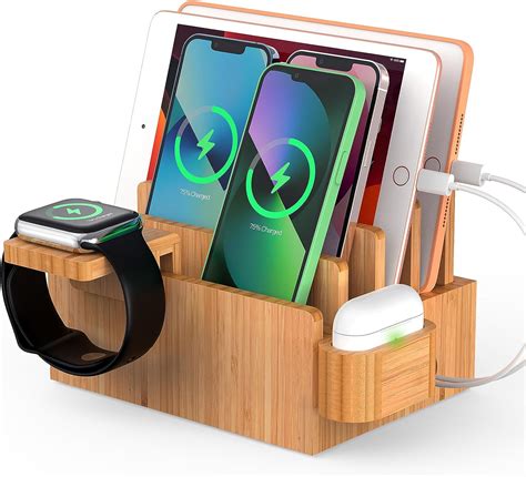 Multi Device Bamboo Charging Station With Cables Organize And