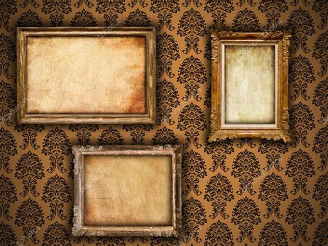 Gilded Vintage Frames On Damask Wallpaper Background With Grunge Stock