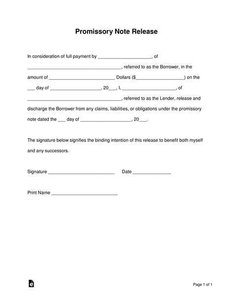 Sample Free Promissory Note Loan Release Form Word Pdf Release Of