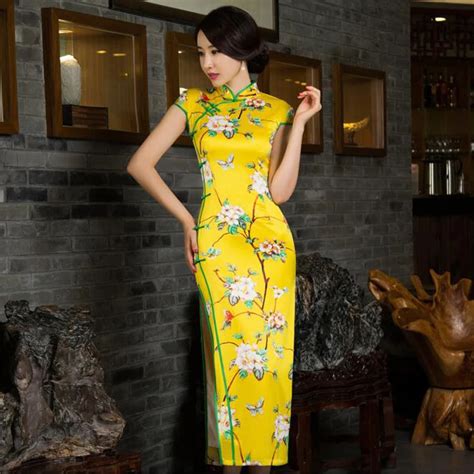 Chinese Womens Satin Cheongsam Long Qipao Velvet Silk Dress S M L Xl