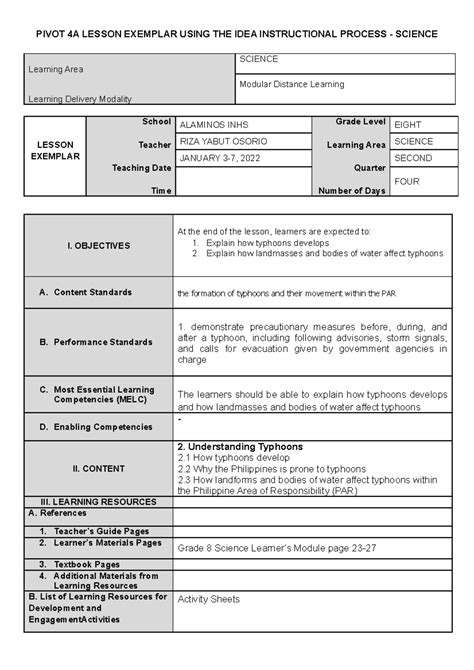 Lesson Plan For Th Grade Science