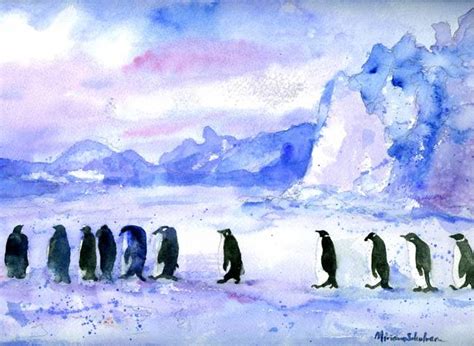 Penguin March Abstract Watercolor Art By Miriam Schulman