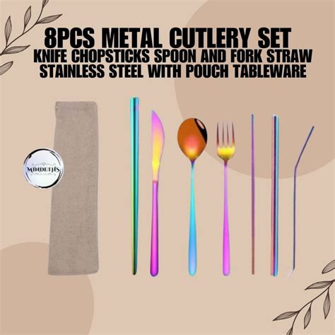 8pcs Metal Cutlery Set Knife Chopsticks Spoon Fork Straw Set Stainless