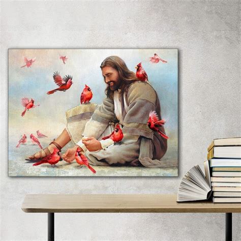 Jesus And Cardinal Canvas Jesus Canvas Art Cardinal Lover Etsy