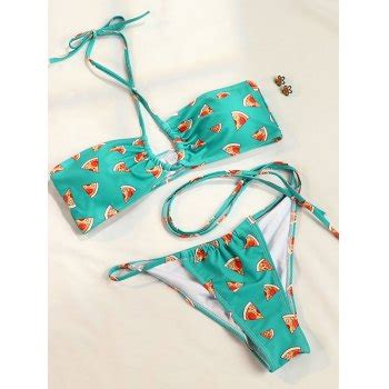 Emmiol Free Shipping Summer Fruit Printed Halter Bikini Set Green