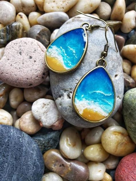 Wave Earrings Ocean Surf Coastline Beachy Brass Coastal Resin