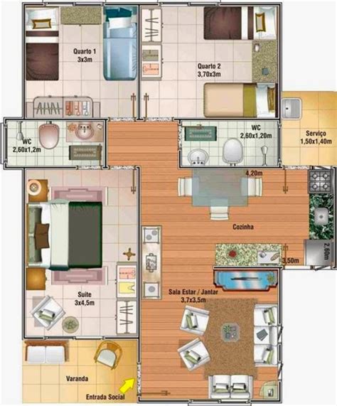 Plano De Casa De 70 Metros Cuadrados Con 3 Dormitorios