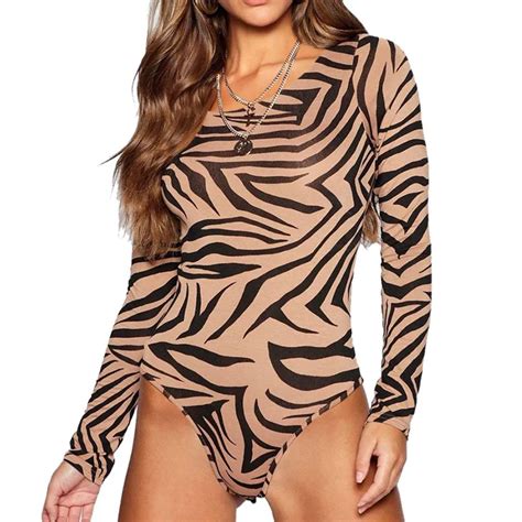 Buy Sexy Zebra Print Bodysuit Casual Long Sleeve