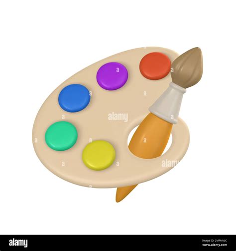 3d Realistic Palette With Paints And Brush In Cartoon Style Vector