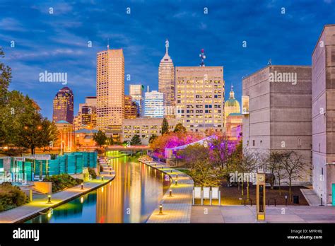 Indianapolis Indiana Usa Downtown Skyline Over The River Walk Stock