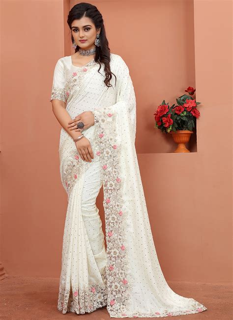 Buy Cream Satin Silk Embroidered Saree Party Wear Sequins Beads