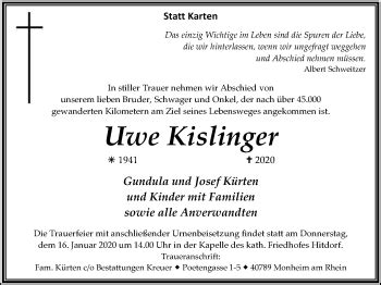 Traueranzeigen Von Uwe Kislinger Trauer In NRW De