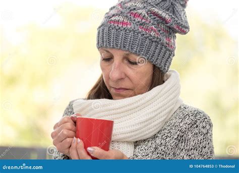 Mature Woman Drinking Hot Beverage Stock Image Image Of Sweater Drink
