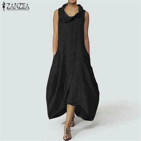 2019 ZANZEA Vintage Sleeveless Maxi Dress Women Causal Buttons Solid