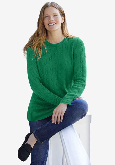 Cable Knit Pullover Crewneck Sweater Woman Within