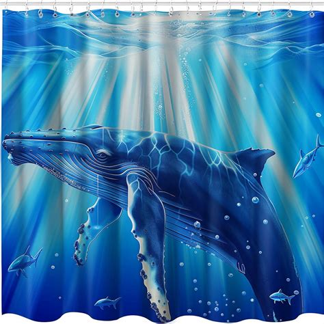 Ocean Serenity Shower Curtain With Humpback Whales And Cute Shark