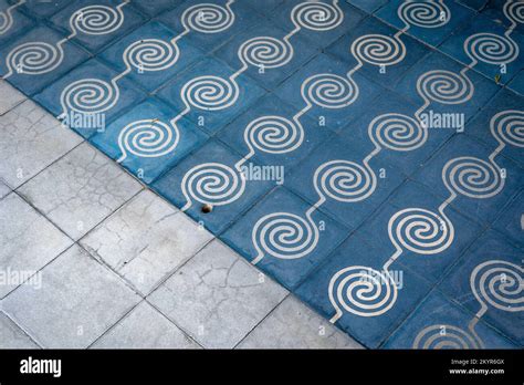 Blue And White Cement Tiled Floor In Oaxaca City Mexico Stock Photo