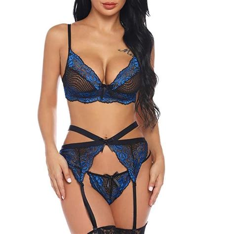 Ensemble Sexy Femme Porte Jaretelle Dentelle G String Soutien Gorge Erotique Babydoll Lingerie S