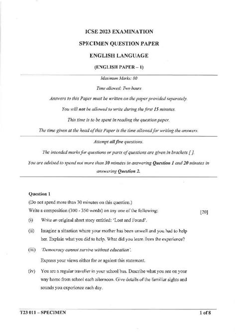 ICSE English Language Specimen Paper 2023 (PDF) - CISCE Class 10 ...