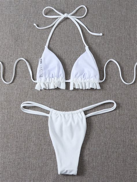 Ba Ador Bikini Con Tanga Tri Ngulo Con Fruncido De Canal Blanco