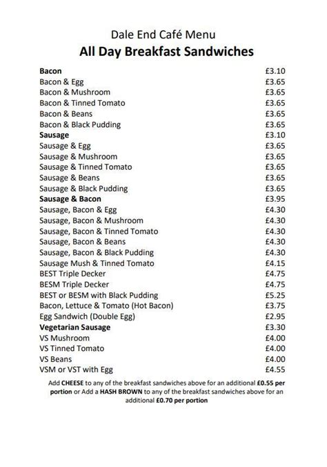 Menu at Dale End Café cafe Coalbrookdale