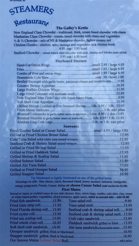 Menu at Steamers of Naples restaurant, Naples