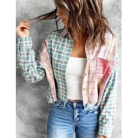 Boho Inspirado Cor Bloco Xadrez Camisa Feminina Streetwear Moda