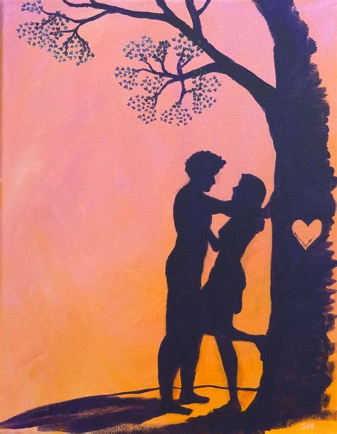 Cute Romantic Love Couple Silhouette Valentine Heart Pink Orange Sunset