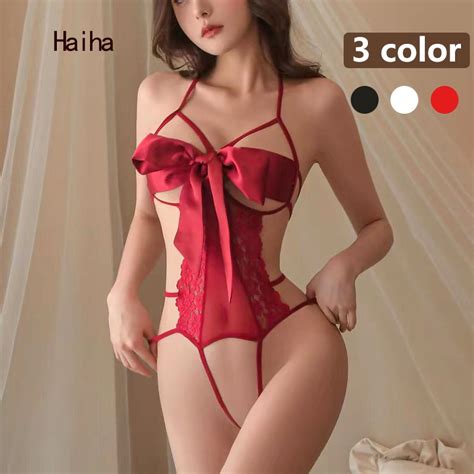 Haiha Sexy Lingerie Nighties Lace Bow Temptation Sling Open Crotch Jumpsuit Panty For Woman