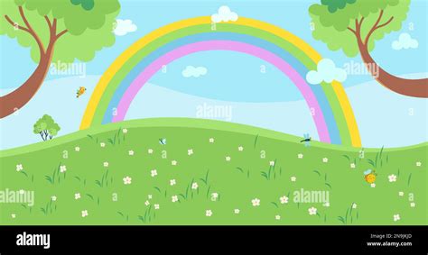 Cartoon Meadow Landscape With Green Tree Rainbow Clouds And Flowers Chamomile Tiny Cute