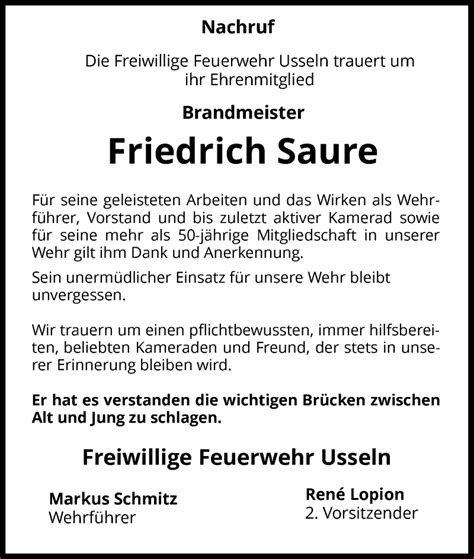 Traueranzeigen Von Friedrich Saure Trauer Wlz Online De