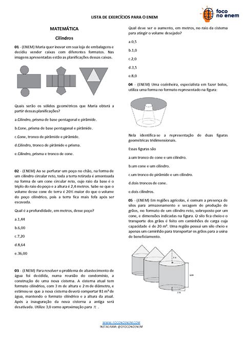 SOLUTION Cilindros Lista De Exercicios Matematica Enem Studypool