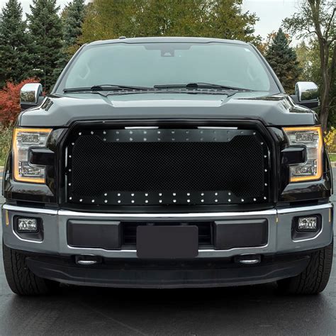 2015 2017 Ford F150 Pickup Rivet Style Stainless Mesh Glossy Black Abs Front Grille