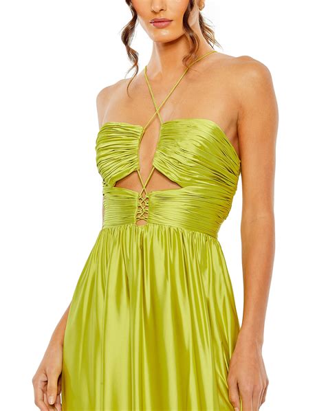 Mac Duggal Ruched Tiered Criss Cross Spaghetti Strap Gown In Chartreuse