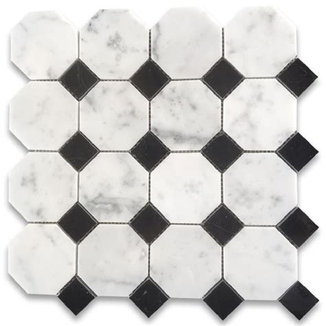 Carrara White Marble Inch Octagon Mosaic Tile W Nero Marquina Black