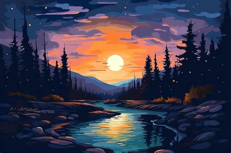 Premium Photo | A painting of a river in the mountains at sunset.