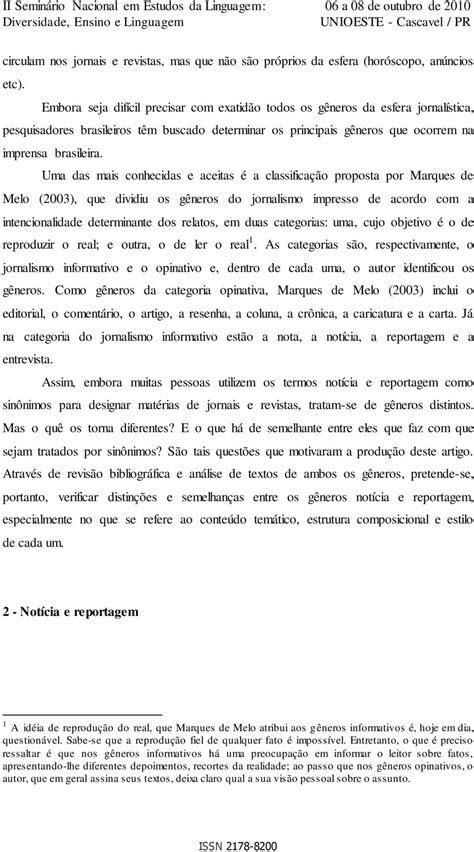 NotÍcia E Reportagem SemelhanÇas E DiferenÇas Entre GÊneros Da Esfera JornalÍstica Pdf