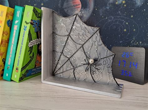 Bookend Wooden Book Stand Handmade Bookend Suncatcher Spider Web Stained Glass Corner Heavy