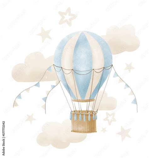 Hot Air Balloon With Stars And Clouds Watercolor Hand Drawn